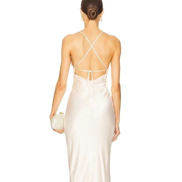 shona joy la lune lace back maxi dress cream Shona Joy - La Lune Cumulus Silk Backless Lace Split Maxi Dress - Ivory